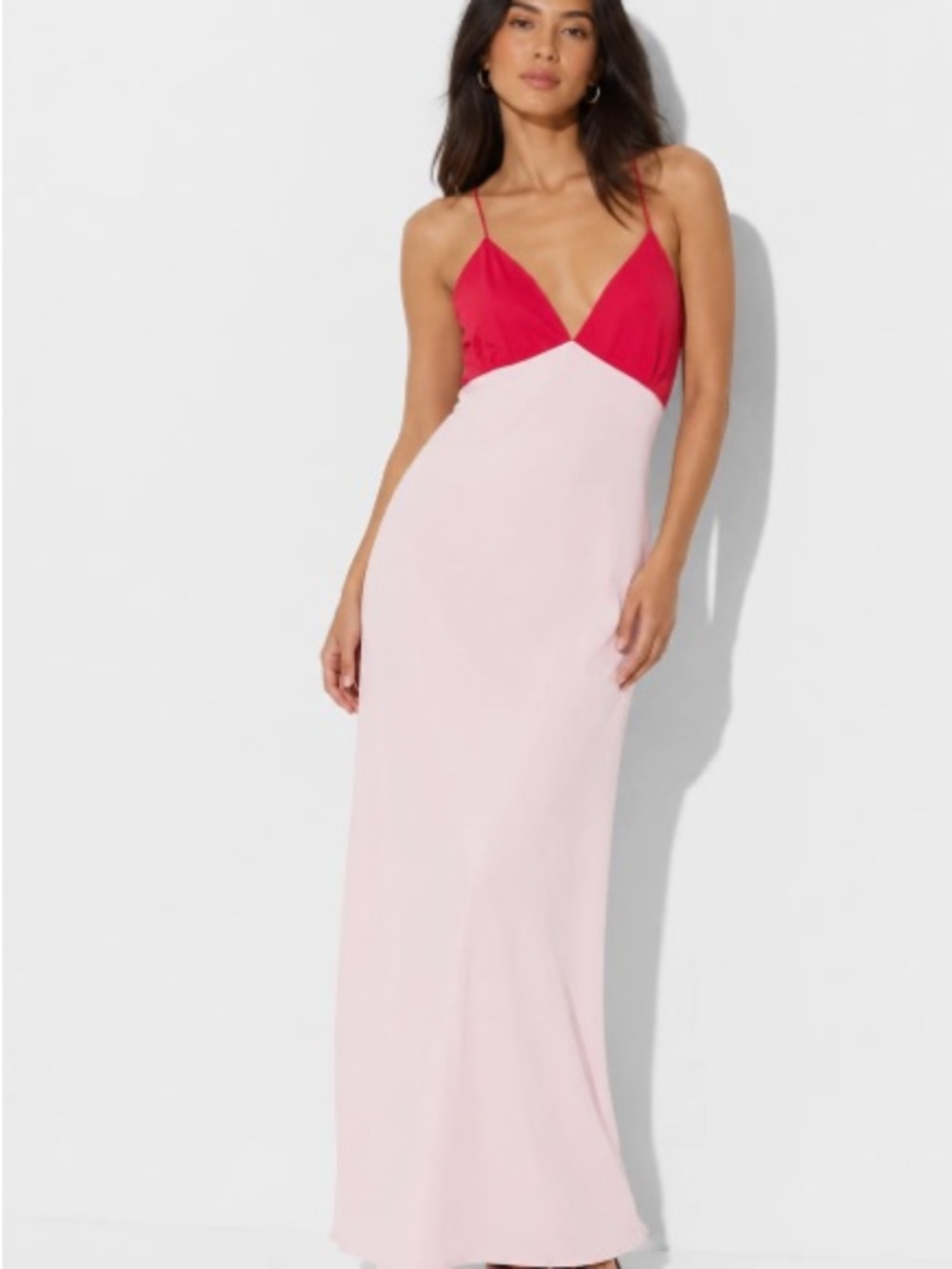 Two-Tone Pink & Red Spaghetti-Strap Maxi Dress